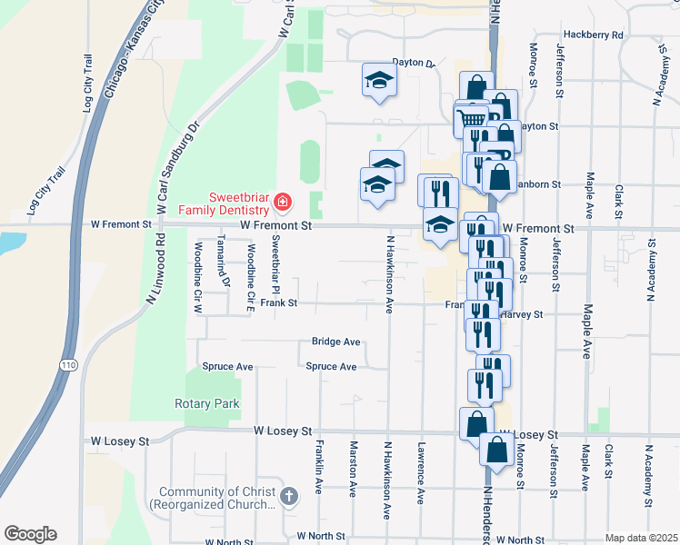map of restaurants, bars, coffee shops, grocery stores, and more near 1240 Court Street in Galesburg