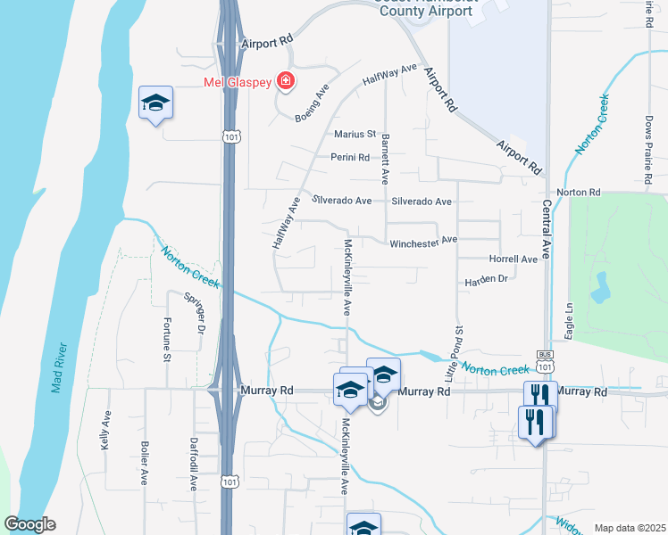 map of restaurants, bars, coffee shops, grocery stores, and more near 1099 Coach Way in McKinleyville