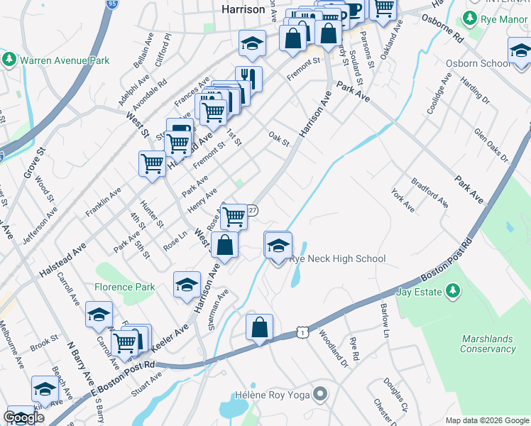 map of restaurants, bars, coffee shops, grocery stores, and more near 19 Harrison Avenue in Harrison