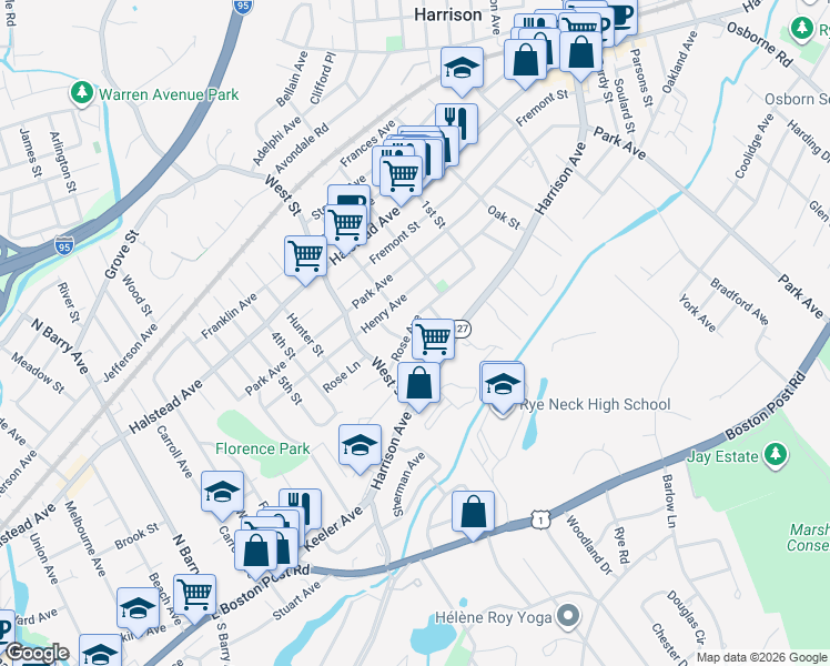 map of restaurants, bars, coffee shops, grocery stores, and more near 11 Rose Avenue in Harrison