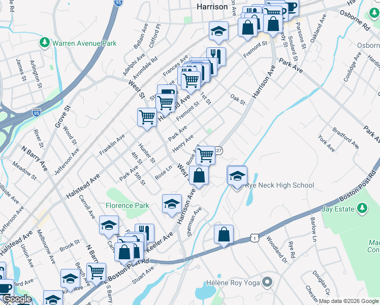 map of restaurants, bars, coffee shops, grocery stores, and more near 11 Rose Avenue in Harrison