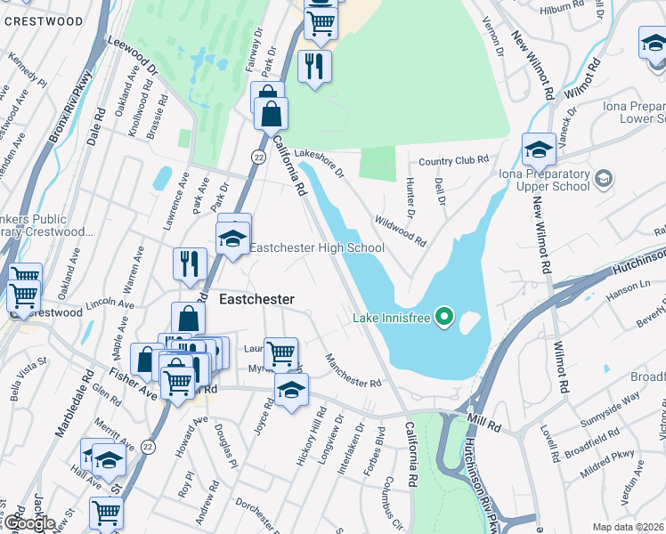 map of restaurants, bars, coffee shops, grocery stores, and more near 1267 California Road in Eastchester