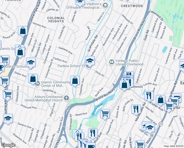 map of restaurants, bars, coffee shops, grocery stores, and more near 34 Hollywood Avenue in Tuckahoe