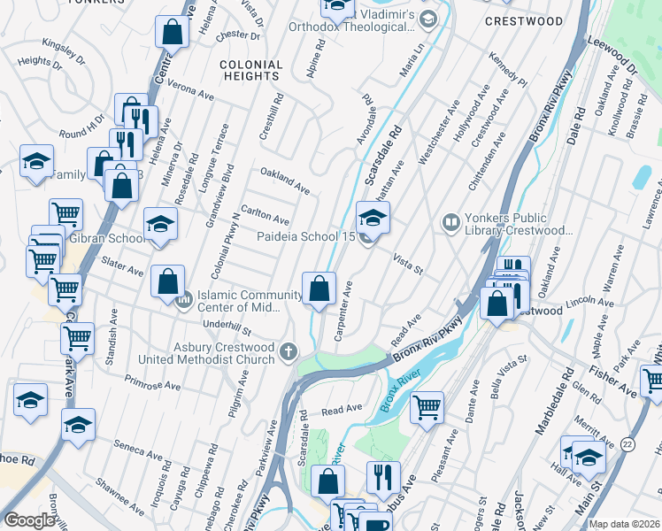 map of restaurants, bars, coffee shops, grocery stores, and more near 145 Westchester Avenue in Yonkers