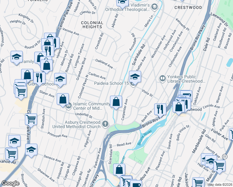 map of restaurants, bars, coffee shops, grocery stores, and more near 80 Brookdale Drive in Yonkers