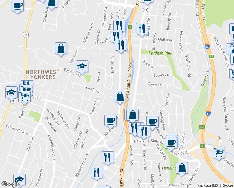 map of restaurants, bars, coffee shops, grocery stores, and more near 145 Lewis Street in Yonkers