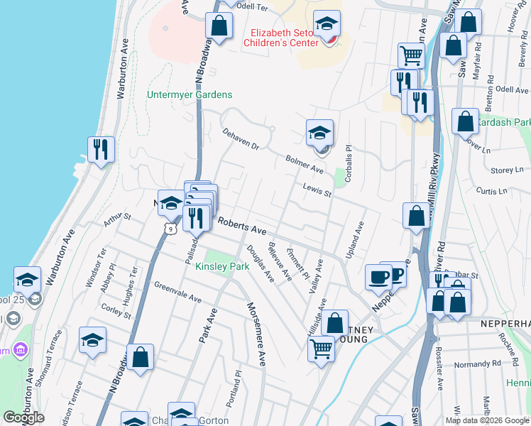 map of restaurants, bars, coffee shops, grocery stores, and more near 111 Bellevue Place in Yonkers
