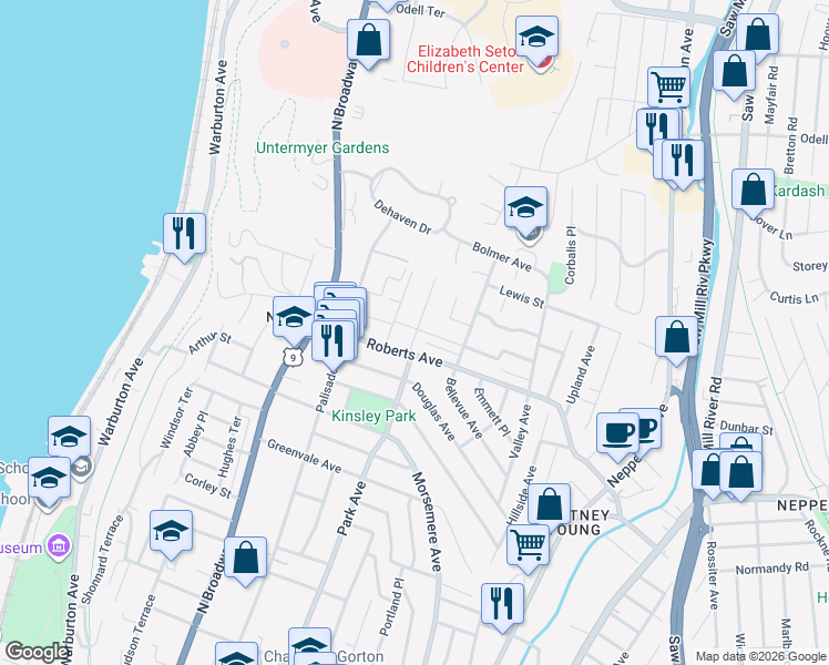 map of restaurants, bars, coffee shops, grocery stores, and more near 2 Park Avenue Terrace in Yonkers