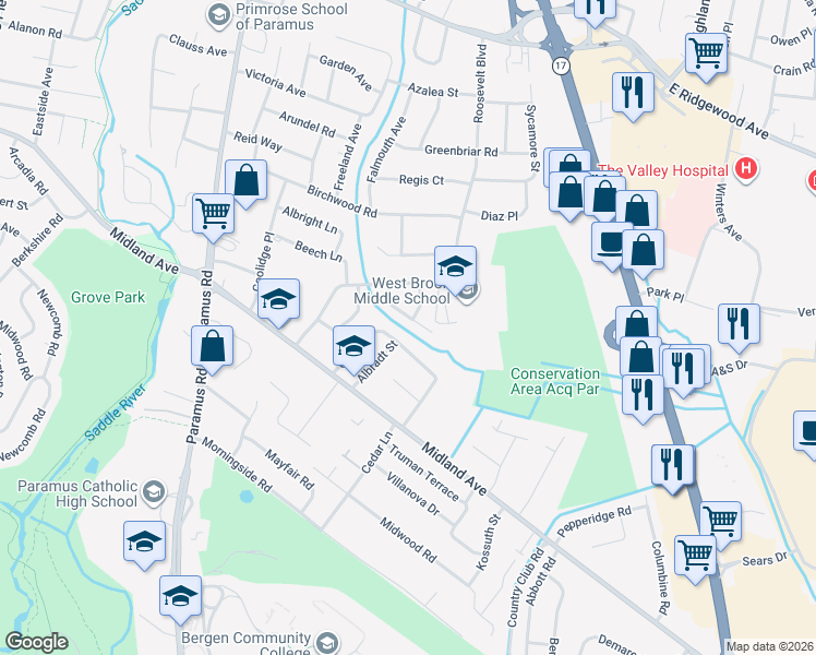 map of restaurants, bars, coffee shops, grocery stores, and more near 549 Otto Place in Paramus