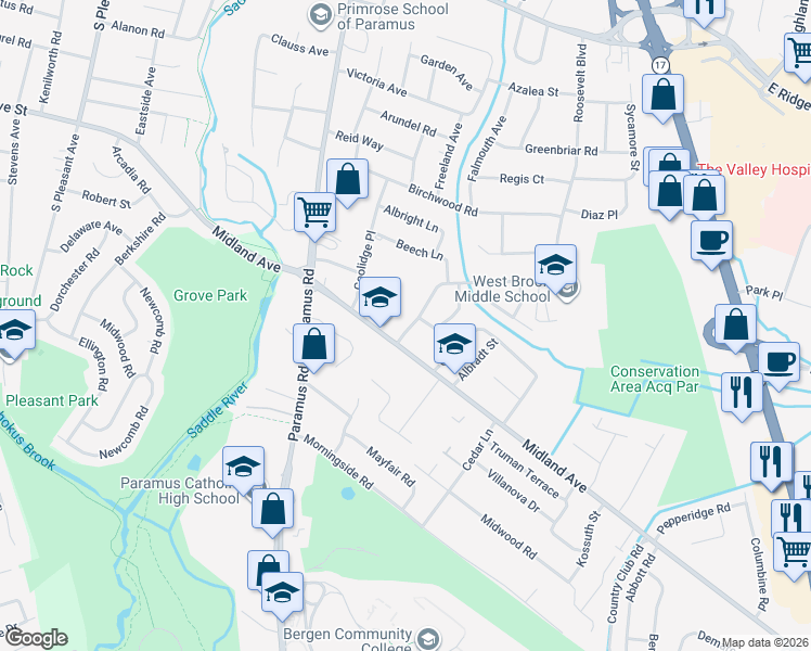 map of restaurants, bars, coffee shops, grocery stores, and more near 237 West Midland Avenue in Paramus