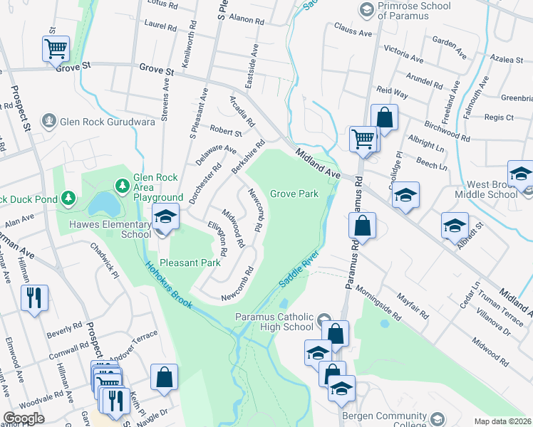 map of restaurants, bars, coffee shops, grocery stores, and more near 689 Newcomb Road in Ridgewood