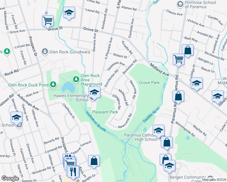 map of restaurants, bars, coffee shops, grocery stores, and more near 647 Ellington Road in Ridgewood