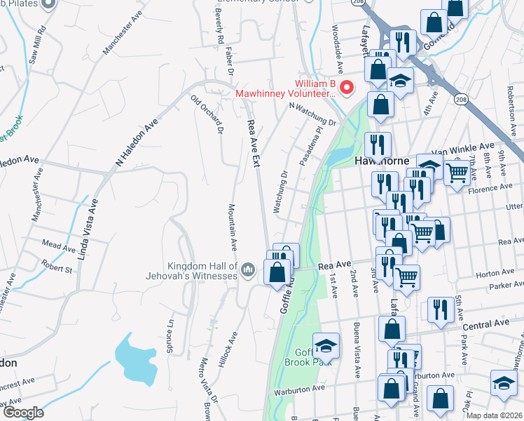 map of restaurants, bars, coffee shops, grocery stores, and more near 40 Watchung Drive in Hawthorne