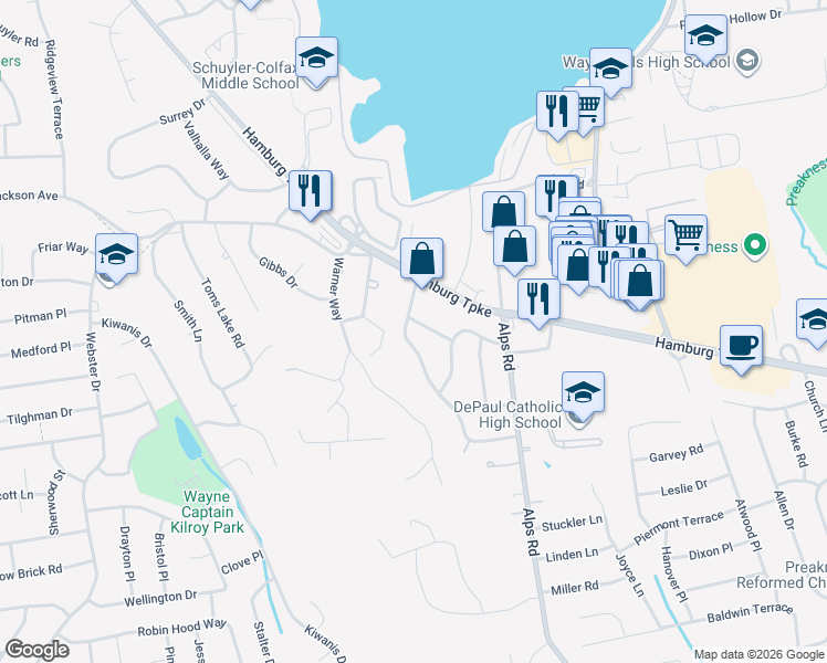 map of restaurants, bars, coffee shops, grocery stores, and more near 9 Breen Terrace in Wayne