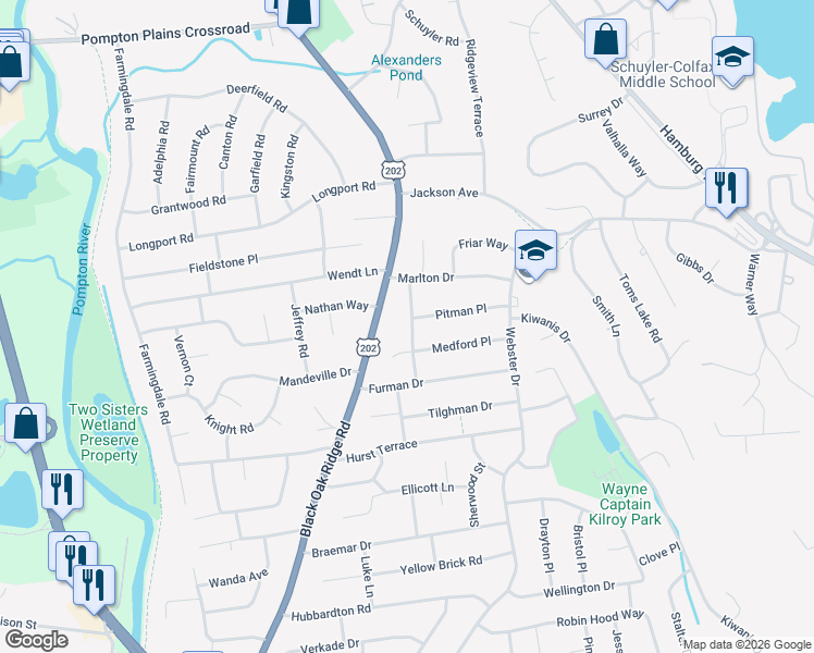 map of restaurants, bars, coffee shops, grocery stores, and more near 18 Hampton Terrace in Wayne