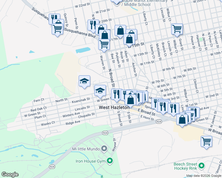 map of restaurants, bars, coffee shops, grocery stores, and more near 106 North Broad Street in West Hazleton
