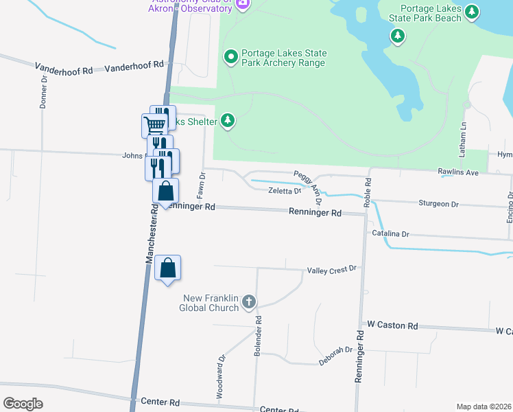 map of restaurants, bars, coffee shops, grocery stores, and more near 856 Renninger Road in Akron