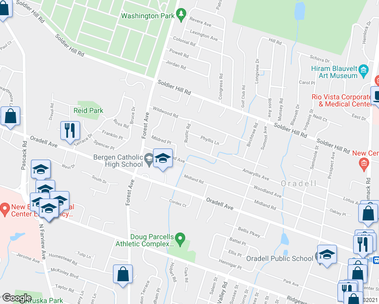 map of restaurants, bars, coffee shops, grocery stores, and more near 991 Amaryllis Avenue in Oradell
