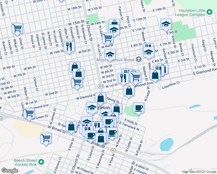 map of restaurants, bars, coffee shops, grocery stores, and more near 118 West 1st Street in Hazleton