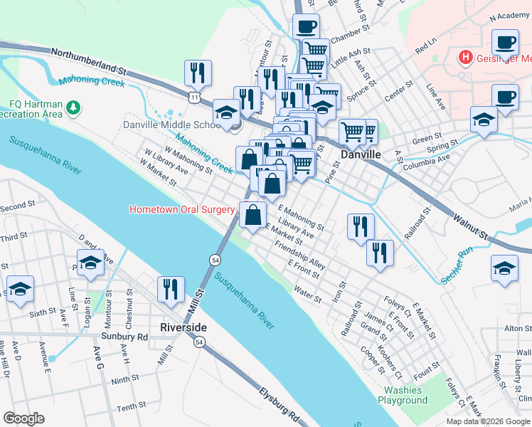 map of restaurants, bars, coffee shops, grocery stores, and more near 108 Mill Street in Danville