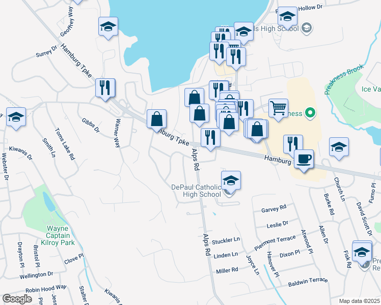 map of restaurants, bars, coffee shops, grocery stores, and more near 1593 Alps Road in Wayne