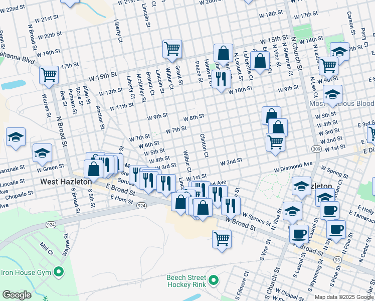 map of restaurants, bars, coffee shops, grocery stores, and more near 587 Wilbur Court in Hazleton