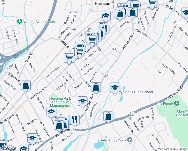 map of restaurants, bars, coffee shops, grocery stores, and more near 17 Rose Avenue in Harrison