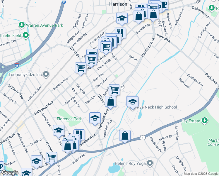 map of restaurants, bars, coffee shops, grocery stores, and more near 17 Rose Avenue in Harrison