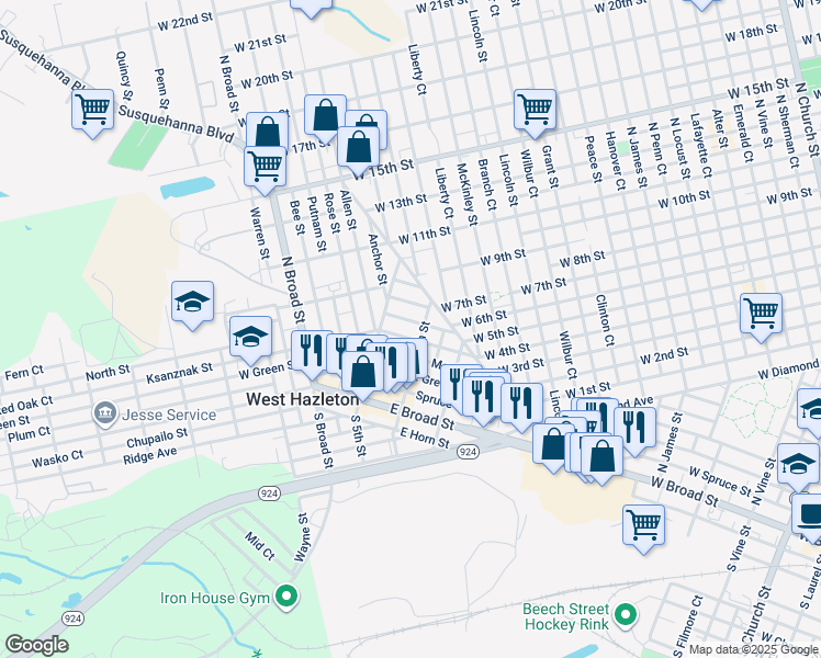 map of restaurants, bars, coffee shops, grocery stores, and more near 222 North 4th Street in West Hazleton