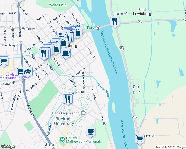map of restaurants, bars, coffee shops, grocery stores, and more near 7 Mill St in Lewisburg