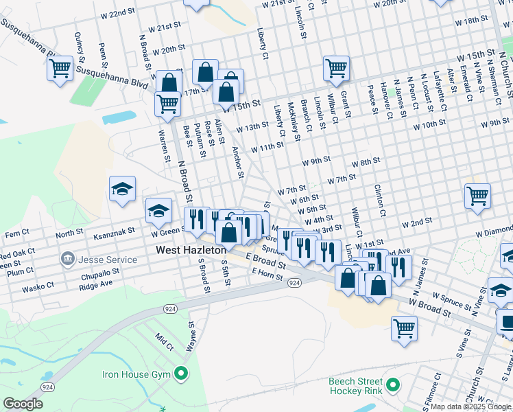 map of restaurants, bars, coffee shops, grocery stores, and more near 25 East Oak Street in Hazleton