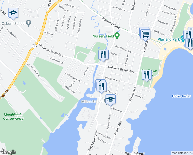 map of restaurants, bars, coffee shops, grocery stores, and more near 20 Park Lane in Rye
