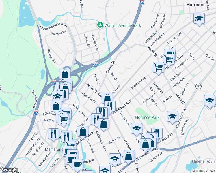map of restaurants, bars, coffee shops, grocery stores, and more near 624 Lorraine Street in Mamaroneck