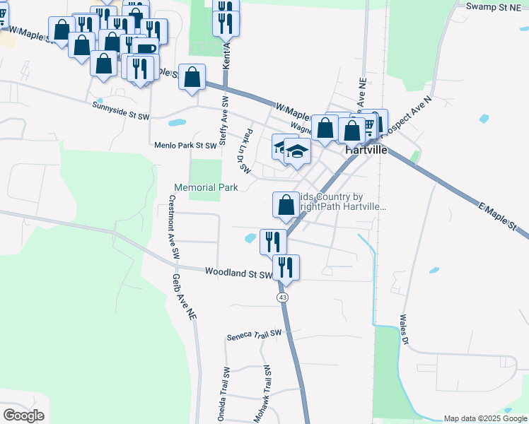 map of restaurants, bars, coffee shops, grocery stores, and more near 205 Jefferson Street in Hartville