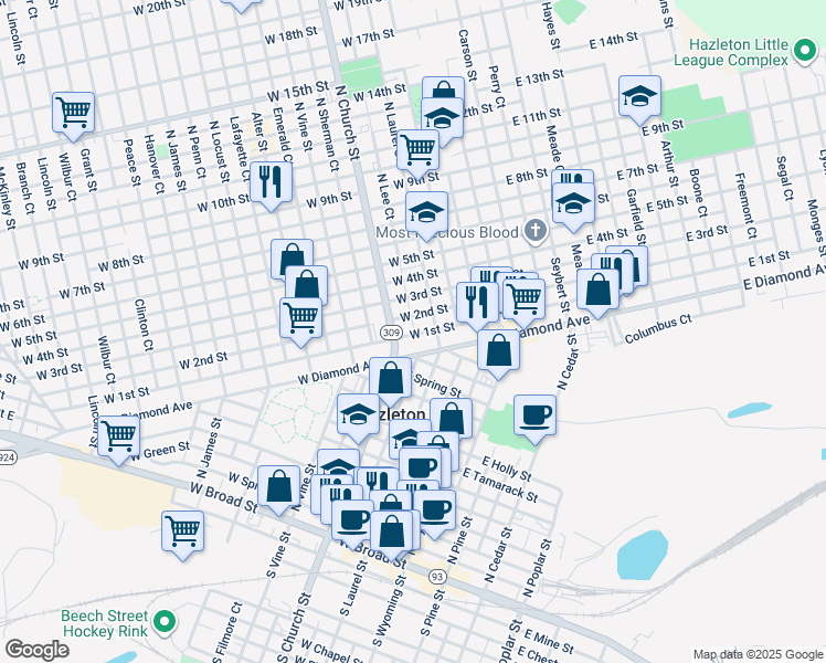 map of restaurants, bars, coffee shops, grocery stores, and more near 125 West 1st Street in Hazleton
