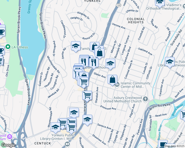 map of restaurants, bars, coffee shops, grocery stores, and more near 1820 Central Park Avenue in Yonkers