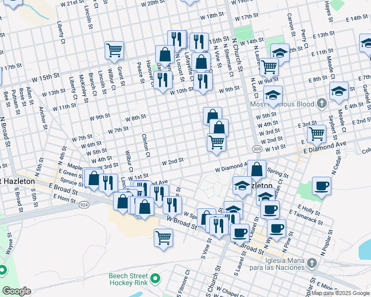 map of restaurants, bars, coffee shops, grocery stores, and more near 576 North Penn Court in Hazleton