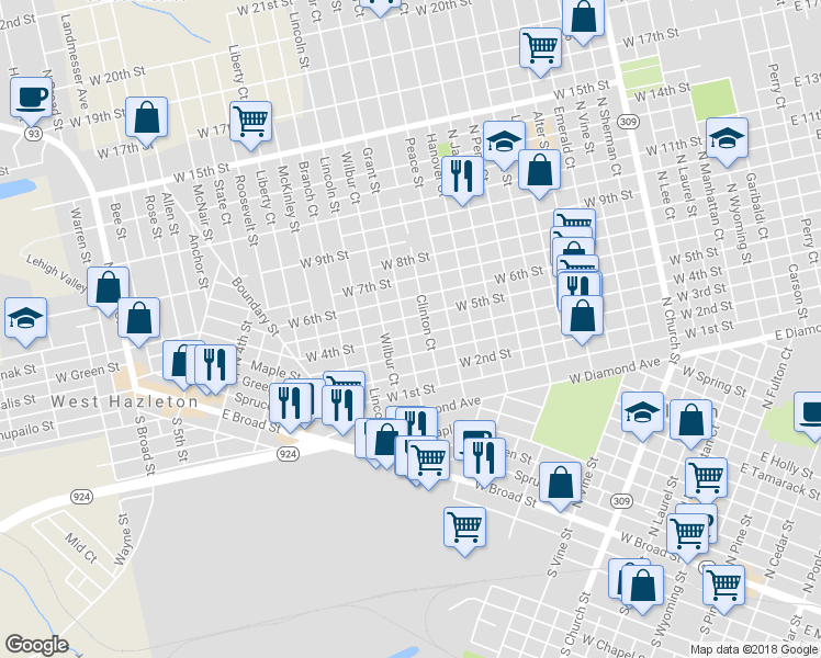 map of restaurants, bars, coffee shops, grocery stores, and more near 587 Grant Street in Hazleton