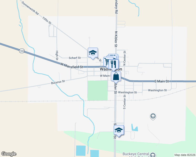 map of restaurants, bars, coffee shops, grocery stores, and more near 403 West Main Street in New Washington
