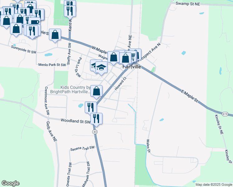 map of restaurants, bars, coffee shops, grocery stores, and more near 371 Short Street in Hartville