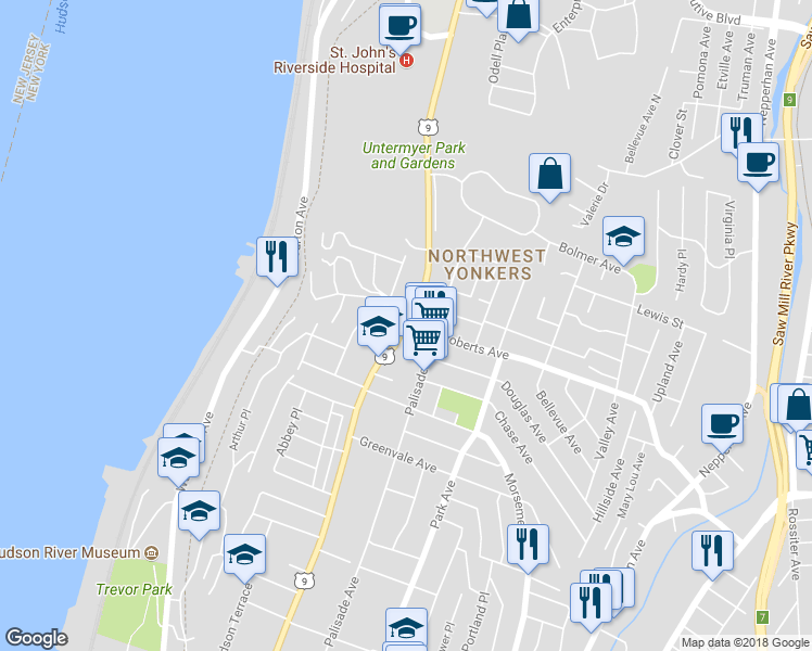 map of restaurants, bars, coffee shops, grocery stores, and more near 770 North Broadway in Yonkers