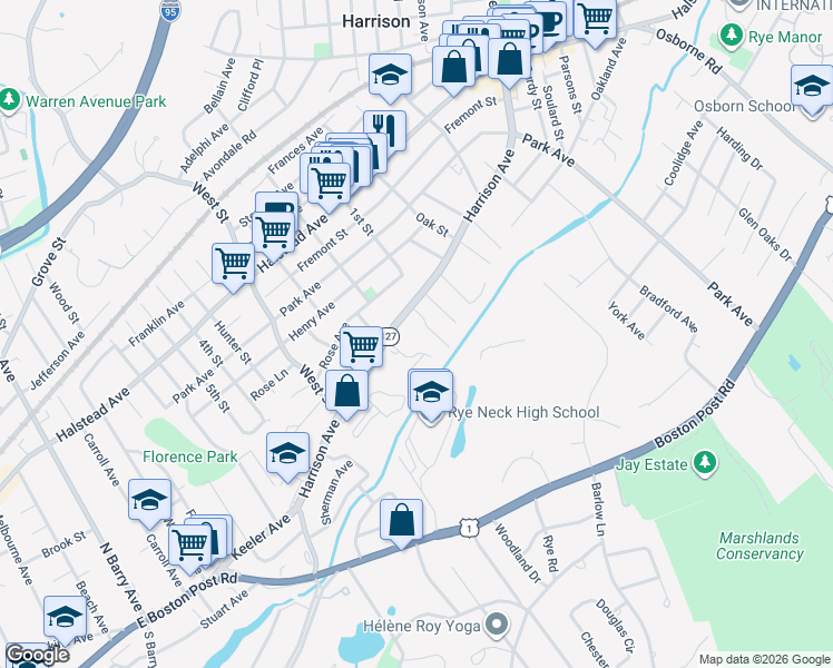 map of restaurants, bars, coffee shops, grocery stores, and more near 19 Harrison Avenue in Harrison