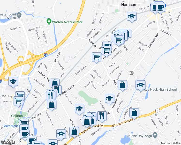map of restaurants, bars, coffee shops, grocery stores, and more near 1305 Halstead Avenue in Mamaroneck