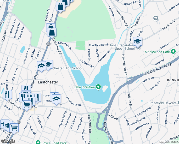 map of restaurants, bars, coffee shops, grocery stores, and more near 64 Lakeshore Drive in Eastchester