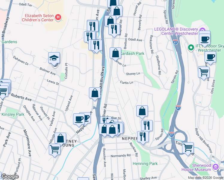 map of restaurants, bars, coffee shops, grocery stores, and more near 734 New York 9A in Yonkers
