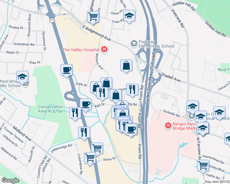 map of restaurants, bars, coffee shops, grocery stores, and more near 590 Winters Avenue in Paramus
