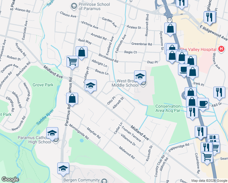 map of restaurants, bars, coffee shops, grocery stores, and more near 535 Otto Place in Paramus