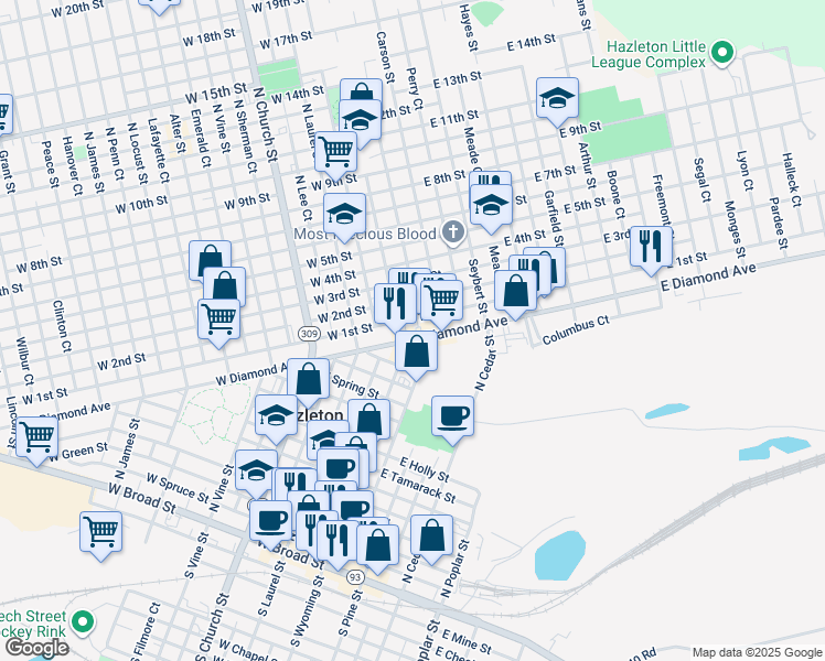 map of restaurants, bars, coffee shops, grocery stores, and more near 6 East Diamond Avenue in Hazleton