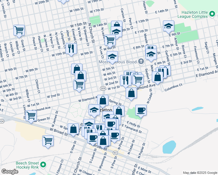 map of restaurants, bars, coffee shops, grocery stores, and more near 118 West 1st Street in Hazleton