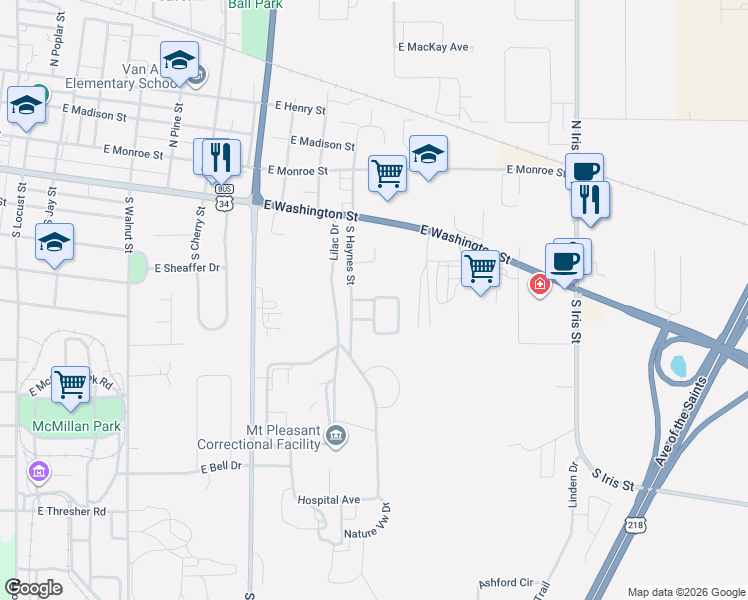 map of restaurants, bars, coffee shops, grocery stores, and more near 510 S Bittersweet St in Mt Pleasant